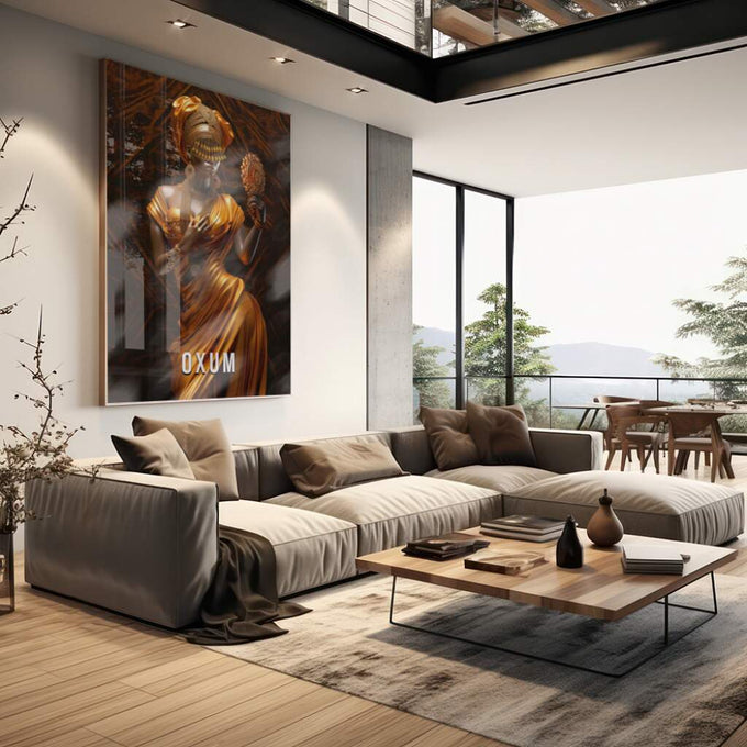 Quadro Decorativo Beleza de Oxum: Aura de Ouro e Paz - quadros decorativos 1 Tela Vertical, 3 Telas - em escritorio elegante