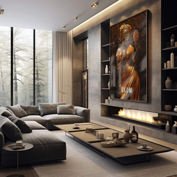 Quadro Decorativo Beleza de Oxum: Aura de Ouro e Paz - quadros decorativos para sala 1 Tela Vertical, 3 Telas - em living room premium
