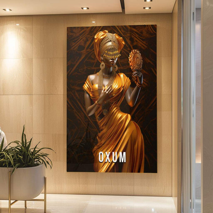 Quadro Decorativo Beleza de Oxum: Aura de Ouro e Paz - quadros decorativos para sala 1 Tela Vertical, 3 Telas - em ambiente decorado