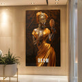 Oxum orixá de vestido dourado, turbante e espelho abebé em fundo marrom escuro, quadro decorativo