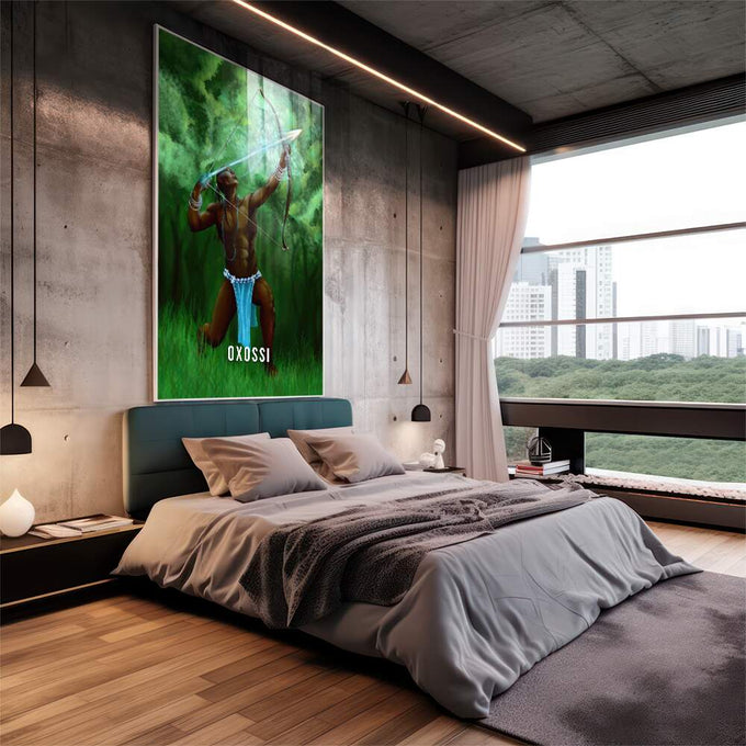 Quadro Decorativo: Oxossi em Cores Vibrantes - quadros decorativos 1 Tela Vertical, 3 Telas - em escritorio elegante
