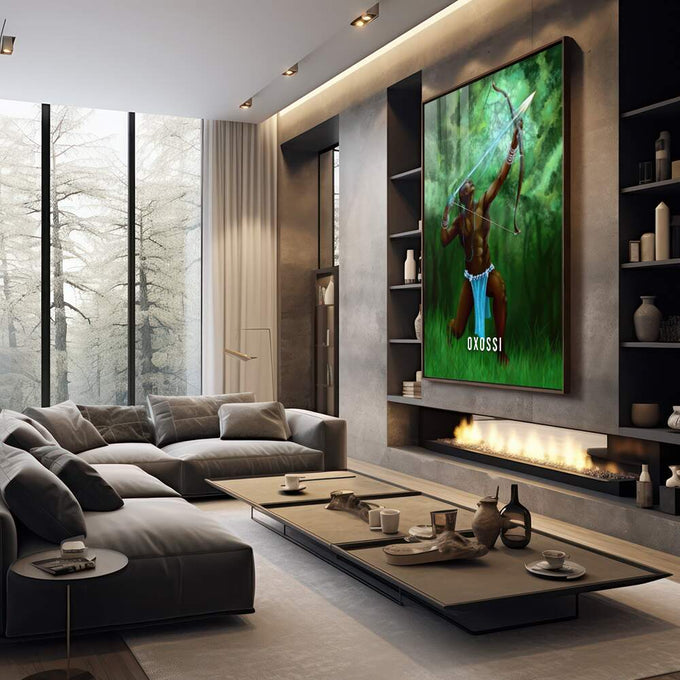 Quadro Decorativo: Oxossi em Cores Vibrantes - quadros decorativos 1 Tela Vertical, 3 Telas - em sala moderna