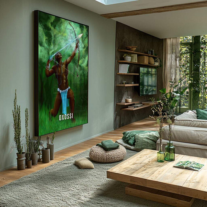 Quadro Decorativo: Oxossi em Cores Vibrantes - quadros decorativos para sala 1 Tela Vertical, 3 Telas - em ambiente decorado