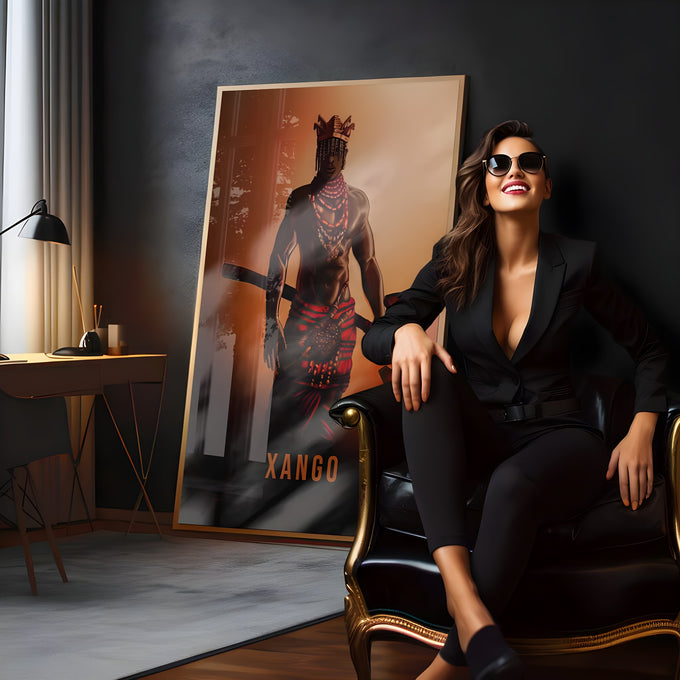 Orixá Xangô com coroa, colares vermelhos e machado sobre fundo laranja, quadro decorativo
