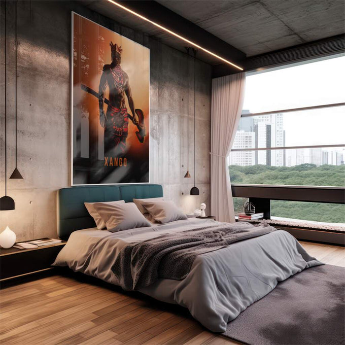Quadro Decorativo: Majestoso Xangô ao Entardecer - quadros decorativos 1 Tela Vertical, 3 Telas - em escritorio elegante