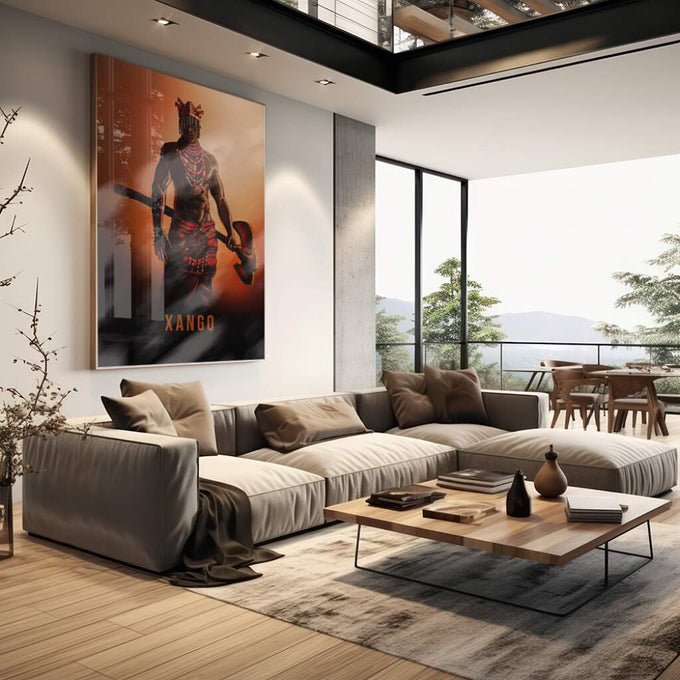 Quadro Decorativo: Majestoso Xangô ao Entardecer - quadros decorativos para sala 1 Tela Vertical, 3 Telas - em living room premium