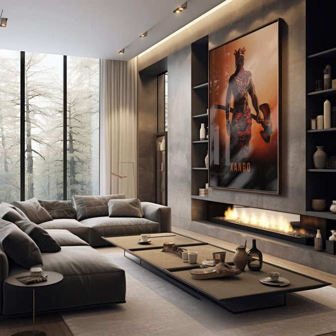 Quadro Decorativo: Majestoso Xangô ao Entardecer - quadros decorativos 1 Tela Vertical, 3 Telas - em sala moderna