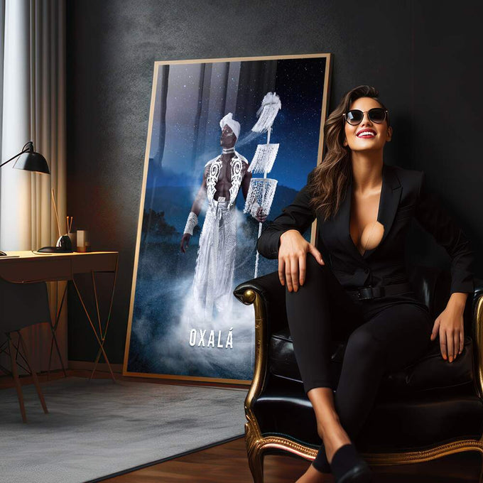 Quadro Decorativo Imponente Oxalá em Céu Estrelado - quadros decorativos para sala 1 Tela Vertical, 3 Telas - em quarto contemporaneo