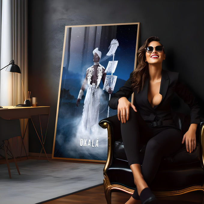 Orixá Oxalá de branco com cajado ritual em névoa sob céu estrelado azul, quadro decorativo