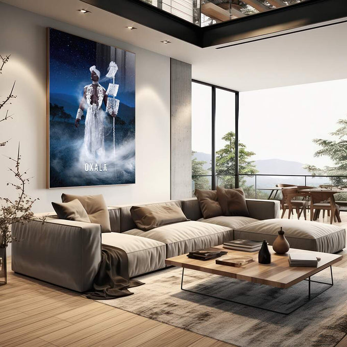 Quadro Decorativo Imponente Oxalá em Céu Estrelado - quadros decorativos para sala 1 Tela Vertical, 3 Telas - em living room premium