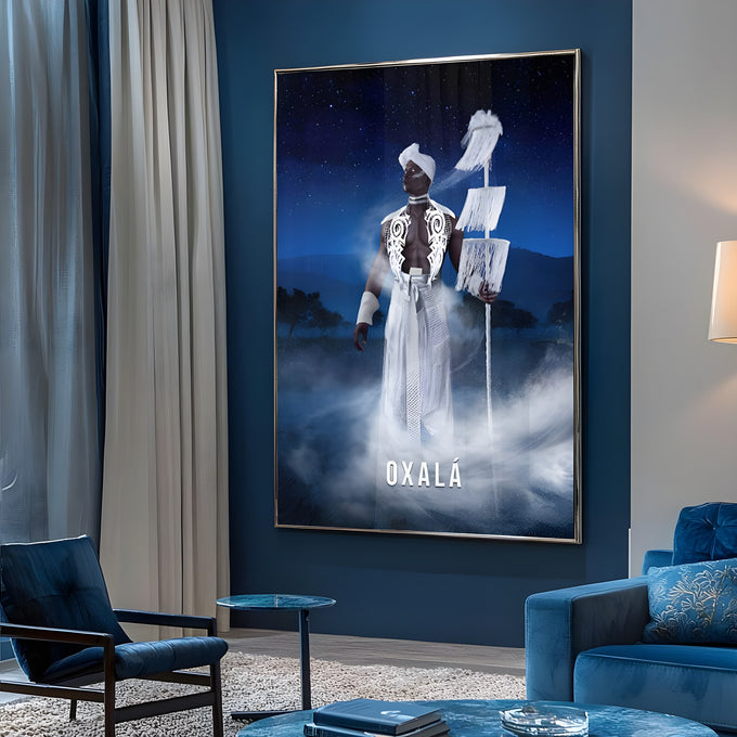 Orixá Oxalá de branco com cajado ritual em névoa sob céu estrelado azul, quadro decorativo