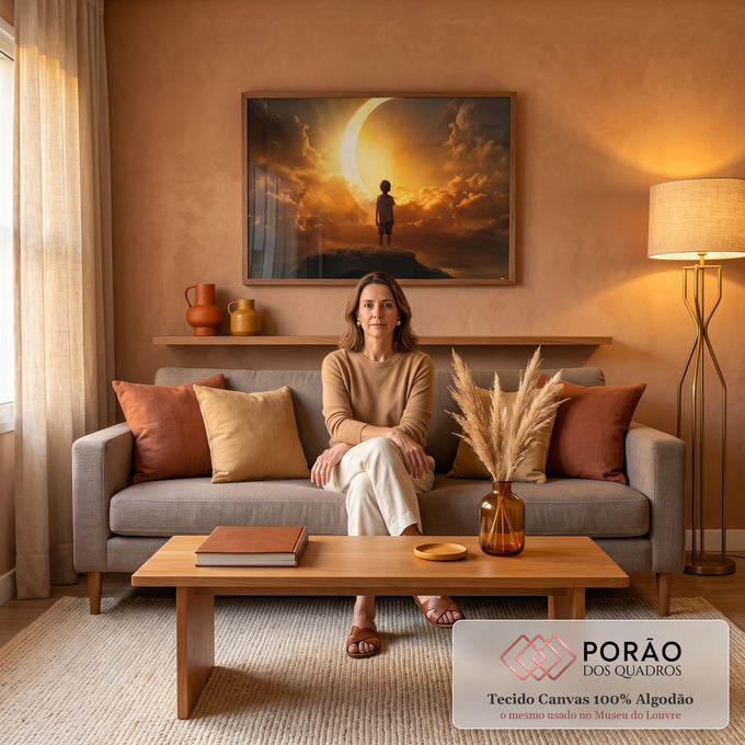 Quadro Decorativo Menino Sonhador: Lua ao Pôr do Sol - Arte Elegante para sua Decoração em sala de estar moderna - quadros decorativos para sala