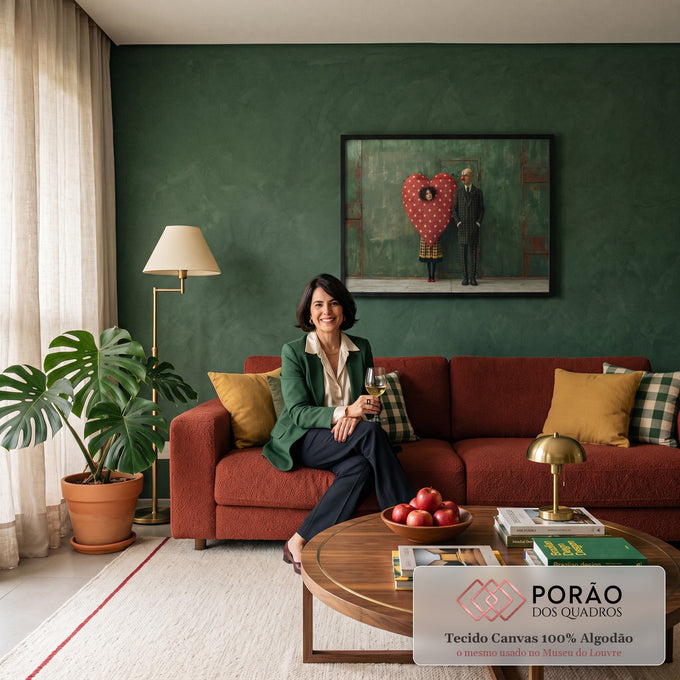 Quadro Decorativo Grande Coração Vermelho para Sala Verde | quadros decorativos para sala de estar | mulher com cabeça saindo de coração vermelho de poá ao lado de homem com alfinetes na cabeça | em ambiente 3 | Porao dos Quadros