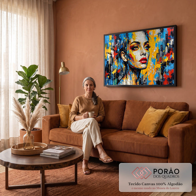 Rosto de mulher craquelado com lábios vermelhos, respingos amarelos e prédios ao fundo, quadro decorativo