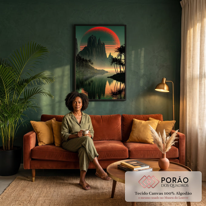 Sol vermelho listrado atrás de montanhas, palmeiras e reflexo em lago verde, quadro decorativo