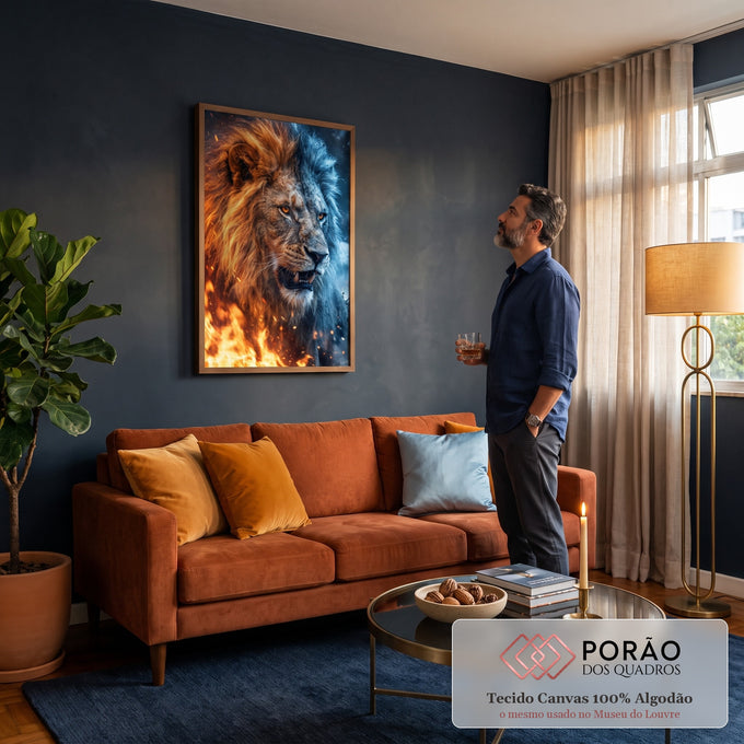Quadro Decorativo Grande Leão Rosnando para Sala Laranja | quadros decorativos para sala de estar | leão rosnando com juba metade fogo dourado e metade gelo azul | em ambiente 3 | Porao dos Quadros
