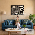 Quadro Decorativo Grande Zebra em Close para Sala Preto | quadros decorativos para sala de estar | close de zebra com listras pretas e fundo bege em estilo gráfico | em ambiente 3 | Porao dos Quadros