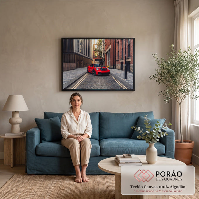 Porsche 911 GT3 RS vermelho estacionado em beco de paralelepípedos entre prédios de tijolo, quadro decorativo