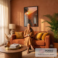 Quadro Decorativo Grande Urze e Rochas para Sala Laranja | quadros decorativos para sala de estar | pôr do sol entre rochas e arbustos secos com montanha ao fundo em tons laranja | em ambiente 3 | Porao dos Quadros