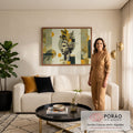Quadro Decorativo Grande Busto Escultura para Sala Dourado | quadros decorativos para sala de estar | busto clássico em perfil com coroa de folhas douradas sobre fundo abstrato geométrico | em ambiente 3 | Porao dos Quadros