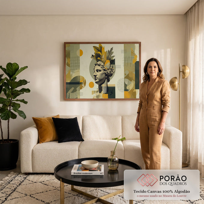 Quadro Decorativo Grande Busto Escultura para Sala Dourado | quadros decorativos para sala de estar | busto clássico em perfil com coroa de folhas douradas sobre fundo abstrato geométrico | em ambiente 3 | Porao dos Quadros