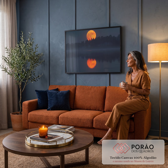 Quadro Decorativo Grande Lua Refletida para Sala Laranja | quadros decorativos para sala de estar | lua cheia laranja refletida em lago com neblina e silhueta de árvores | em ambiente 3 | Porao dos Quadros