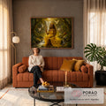 Oxum de vestido amarelo e coroa dourada segurando espelho na cachoeira com pombas brancas, quadro decorativo