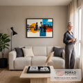 Casal sentado conversando em colagem retrô com círculo laranja, blocos azuis e paisagens, quadro decorativo