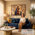 Nossa Senhora coroada com Menino Jesus e dois anjos entre nuvens douradas, quadro decorativo