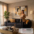 Quadro Decorativo Grande Abstrato Dourado para Sala Dourado | quadros decorativos para sala de estar | composição abstrata geométrica em dourado, preto e bege com textura rachada | em ambiente 3 | Porao dos Quadros
