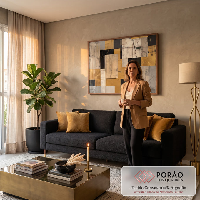Quadro Decorativo Grande Abstrato Dourado para Sala Dourado | quadros decorativos para sala de estar | composição abstrata geométrica em dourado, preto e bege com textura rachada | em ambiente 3 | Porao dos Quadros
