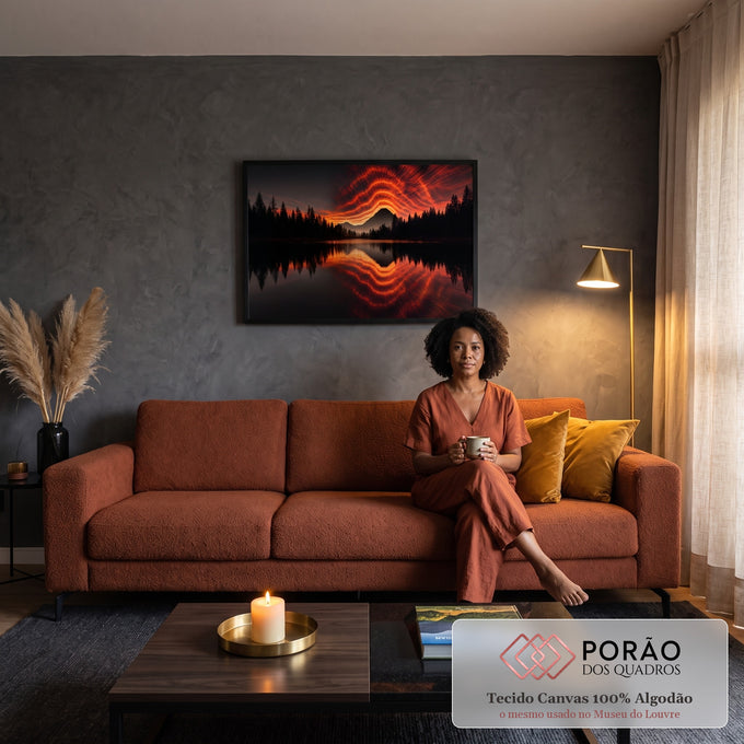 Quadro Decorativo Grande Céu em Chamas para Sala Vermelho | quadros decorativos para sala de estar | céu em ondas vermelhas e laranjas refletido em lago com montanha e pinheiros em silhueta | em ambiente 3 | Porao dos Quadros