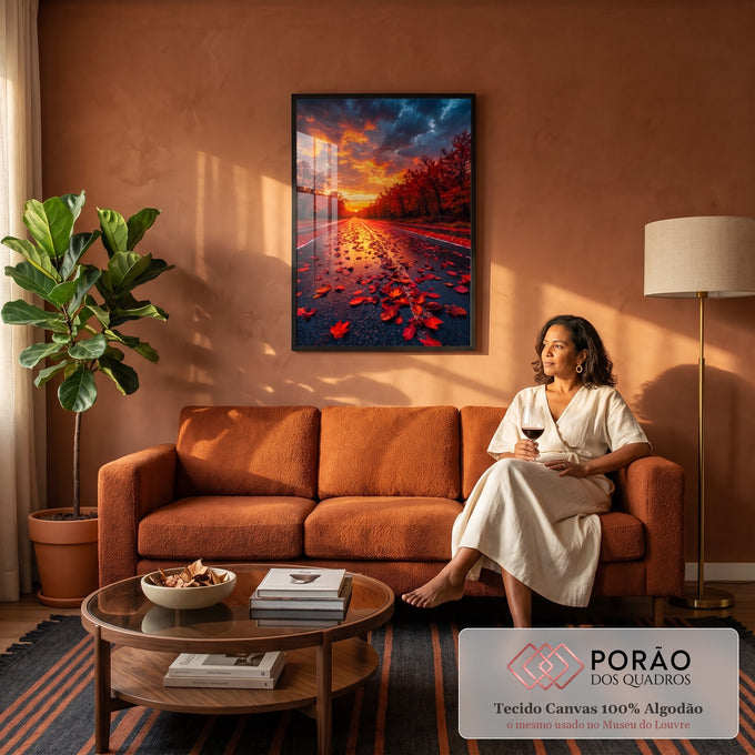 Estrada coberta de folhas vermelhas entre árvores de outono sob pôr do sol dramático, quadro decorativo