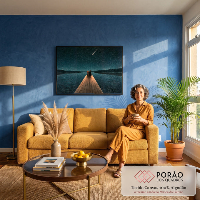 Casal sentado em píer de madeira olhando estrela cadente sobre lago noturno estrelado, quadro decorativo