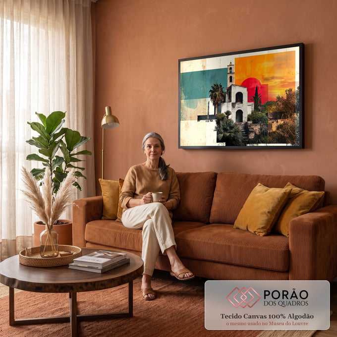 Colagem retrô de igreja colonial com torre sineira, palmeiras e sol vermelho no céu laranja, quadro decorativo