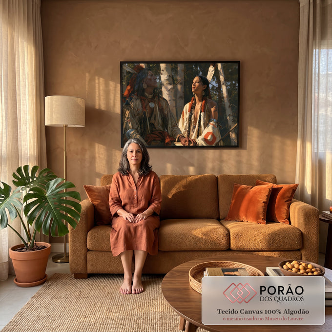 Quadro Decorativo Casal Indígena entre Bétulas em Tons | quadros decorativos para sala de estar | casal indígena em pintura realista com penas e floresta de bétulas ao fundo | em ambiente 3 | Porao dos Quadros