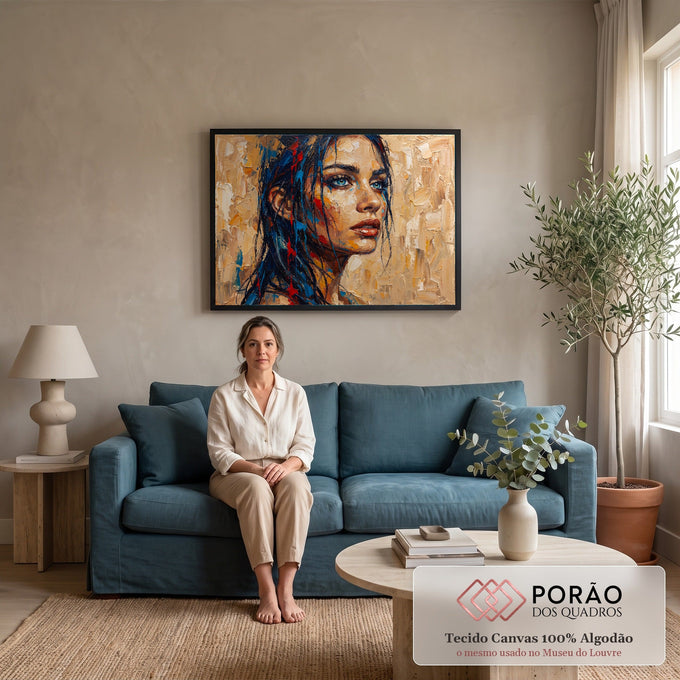 Mulher de olhos azuis e cabelo escorrendo em pintura a espátula sobre fundo bege, quadro decorativo