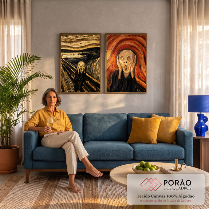 Quadro Decorativo Kit 2 Telas Grito de Munch para Sala | quadros decorativos para sala de estar | figura gritando em duas versões de cor, uma marrom e outra laranja, sobre ponte ondulada | em ambiente 3 | Porao dos Quadros
