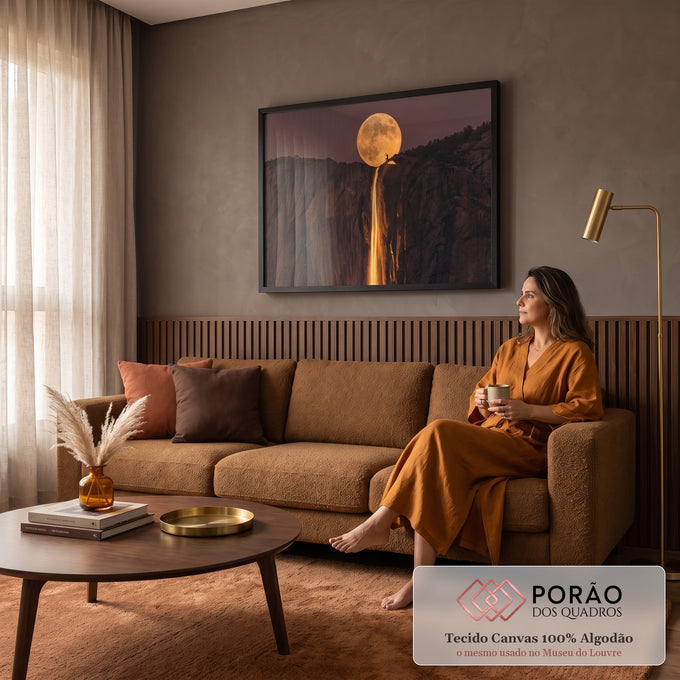Quadro Decorativo Grande Lua Cheia para Sala Dourado | quadros decorativos para sala de estar | lua cheia dourada sobre penhasco com cachoeira iluminada e silhueta humana ajoelhada | em ambiente 3 | Porao dos Quadros