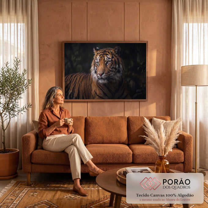 Quadro Decorativo Grande Tigre Olhar Laranja para Sala | quadros decorativos para sala de estar | retrato de tigre com olhos amarelos e listras pretas sobre fundo escuro | em ambiente 3 | Porao dos Quadros