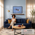 Passarinhos e ursinhos fofos sentados no fio com suco e waffle sobre fundo azul, quadro decorativo