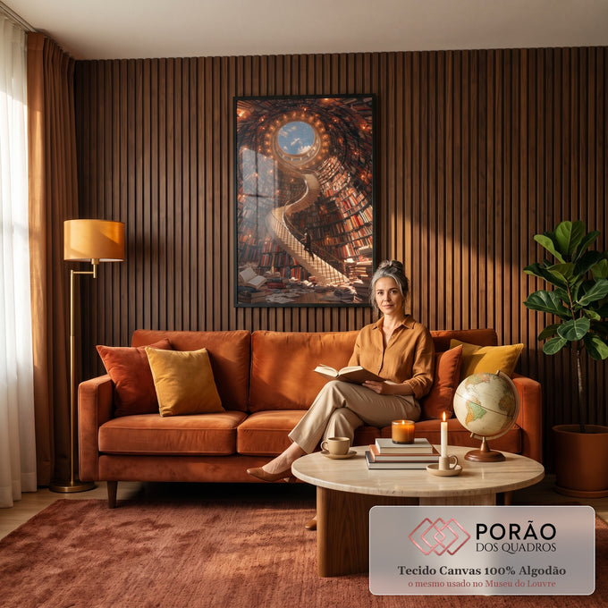 Torre de livros surreal com escada em espiral, menino subindo e claraboia de céu azul, quadro decorativo