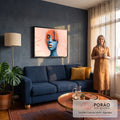 Quadro Decorativo Grande Rosto com Veleiro Azul para Sala | quadros decorativos para sala de estar | rosto feminino azul com colagem de veleiro antigo em tons laranja | em ambiente 3 | Porao dos Quadros
