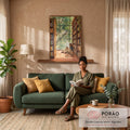 Quadro Decorativo Grande Mulher Lendo para Sala Verde | quadros decorativos para sala de estar | mulher sentada lendo livro entre estantes com janela de folhas verdes em aquarela | em ambiente 3 | Porao dos Quadros