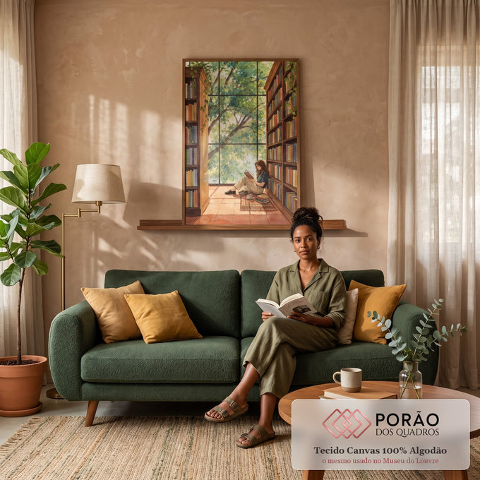 Quadro Decorativo Grande Mulher Lendo para Sala Verde | quadros decorativos para sala de estar | mulher sentada lendo livro entre estantes com janela de folhas verdes em aquarela | em ambiente 3 | Porao dos Quadros