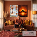Quadro Decorativo Kit 2 Telas Balões de Livros para Sala | quadros decorativos para sala de estar | casal em balões de livros coloridos ao lado de pássaros silhuetados em pôr do sol alaranjado | em ambiente 3 | Porao dos Quadros