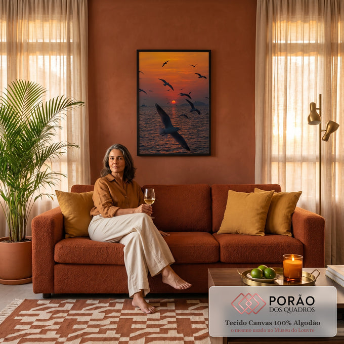 Gaivotas voando sobre o mar com sol vermelho no horizonte e céu laranja, quadro decorativo