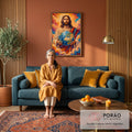 Quadro Decorativo Grande Jesus Mosaico para Sala Laranja | quadros decorativos para sala de estar | Jesus com auréola dourada segurando o globo terrestre em mosaico colorido | em ambiente 3 | Porao dos Quadros