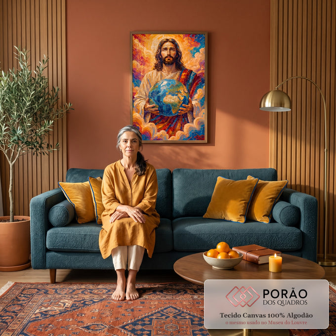 Quadro Decorativo Grande Jesus Mosaico para Sala Laranja | quadros decorativos para sala de estar | Jesus com auréola dourada segurando o globo terrestre em mosaico colorido | em ambiente 3 | Porao dos Quadros