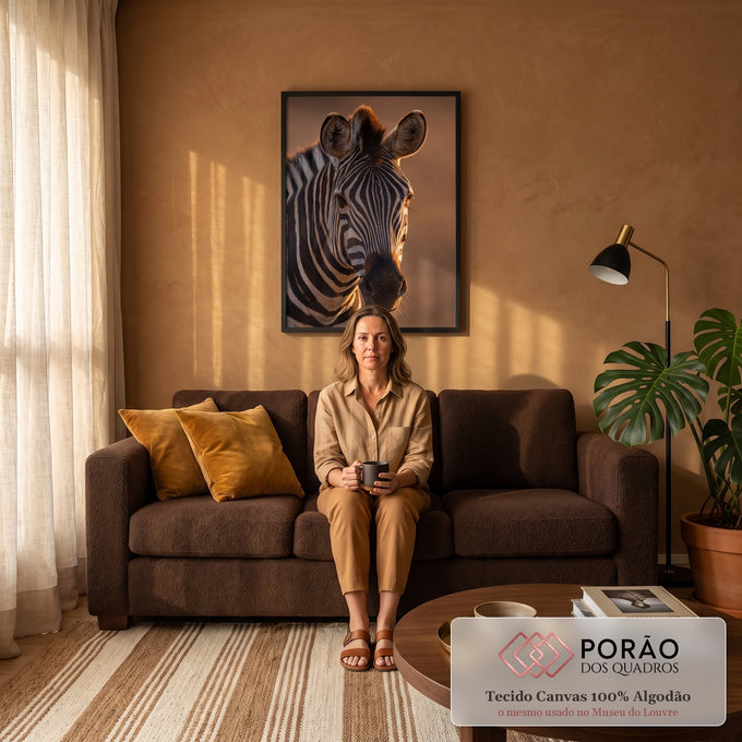 Zebra com listras iluminadas por luz dourada sobre fundo marrom desfocado, quadro decorativo